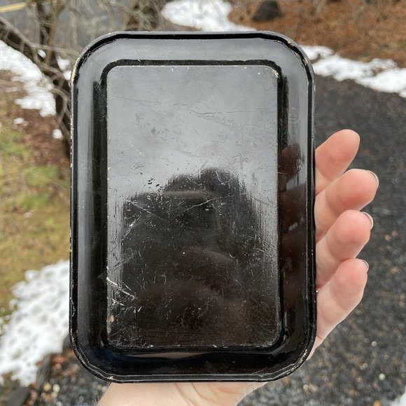 Vintage Hand Painted Toleware Rectangular Diminutive Tray Tip Snack Black Gold - Picture 11 of 16